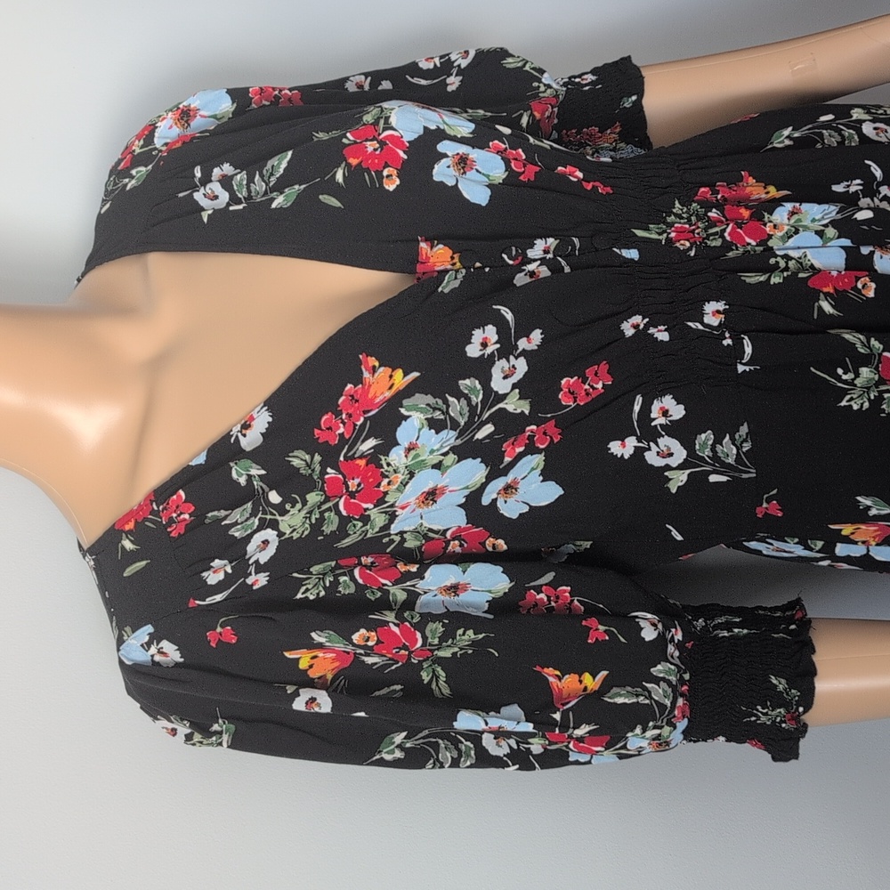 Banana Republic Floral Smocked Midi Dress Black Puff Sleeve V-Neck Size 8 - Picture 4 of 16